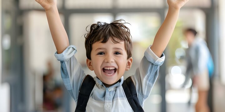 Excited boy saying goodbye to parent on first day of school. Concept Family moments, Back to school, Emotional goodbyes, First day of school, Parent-child relationships - Powered by Adobe