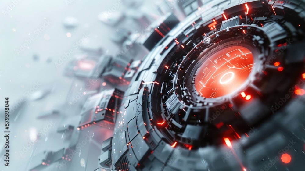 Aufkleber close up of futuristic digital machinery with red and white lights. digital image of energy core for