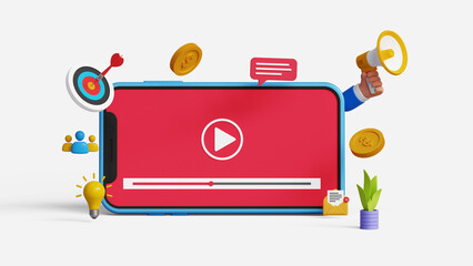 Video marketing concept. Online video advertising campaign. Social media video marketing strategy. Video playing on 3D smartphone screen