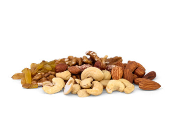Pile of mixed nuts isolated on white background.