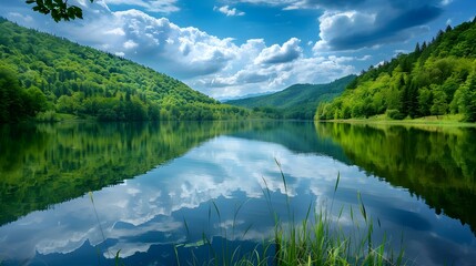 Fototapeta premium The view of a tranquil lake surrounded