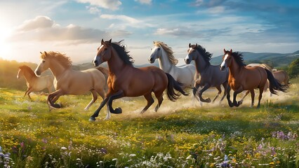 Horses run gallop in flower meadow wallpaper