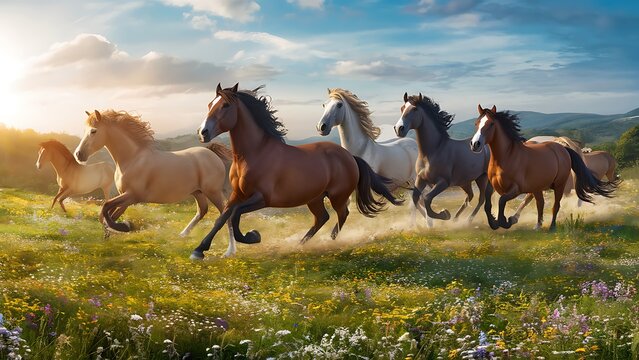 Horses run gallop in flower meadow wallpaper