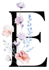 Black letter E with Watercolor pastel tender wild flowers and leaves, wedding isolated illustration