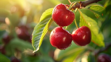 Obraz premium Fresh Orchard Cherries Hanging Under Warm Sunlight With Dewdrops On Their Surface Surrounded By Green Leaves In A Peaceful Setting