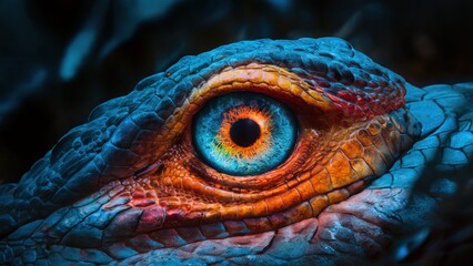 Obraz premium A close up of a blue eye on an orange and green reptile, AI