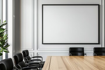 Modern conference room interior with empty frame on wall