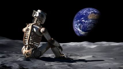 abandoned humanoid robot on the moon