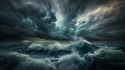 Obraz premium A thunderstorm over the ocean with waves churning img