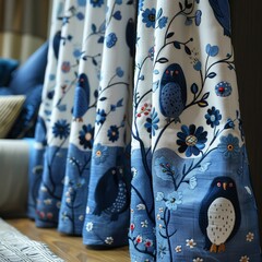 Vintage seamless fabric ornament with flowers and birds on blue background.