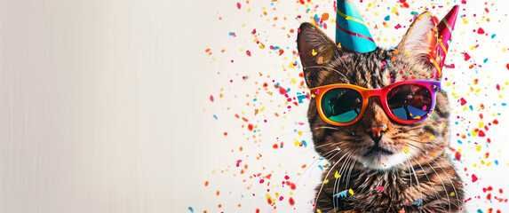 A cute cat wearing a party hat and sunglasses, posing against a vibrant, colorful background. This playful and fun scene is perfect for party invitations, greeting cards, and pet-themed celebrations