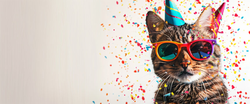 A cute cat wearing a party hat and sunglasses, posing against a vibrant, colorful background. This playful and fun scene is perfect for party invitations, greeting cards, and pet-themed celebrations