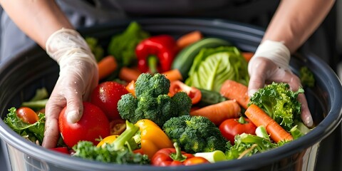 Reducing Food Waste Discarding Uneaten Vegetables and Spoiled Food in Trash Can. Concept Food waste recycling, Composting organic waste, Reducing food spoilage, Sustainable kitchen practices