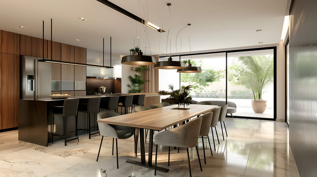 The dining table has 8 seats in a minimalist style.