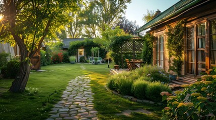 Fototapeta premium Courtyard of a country house with a green