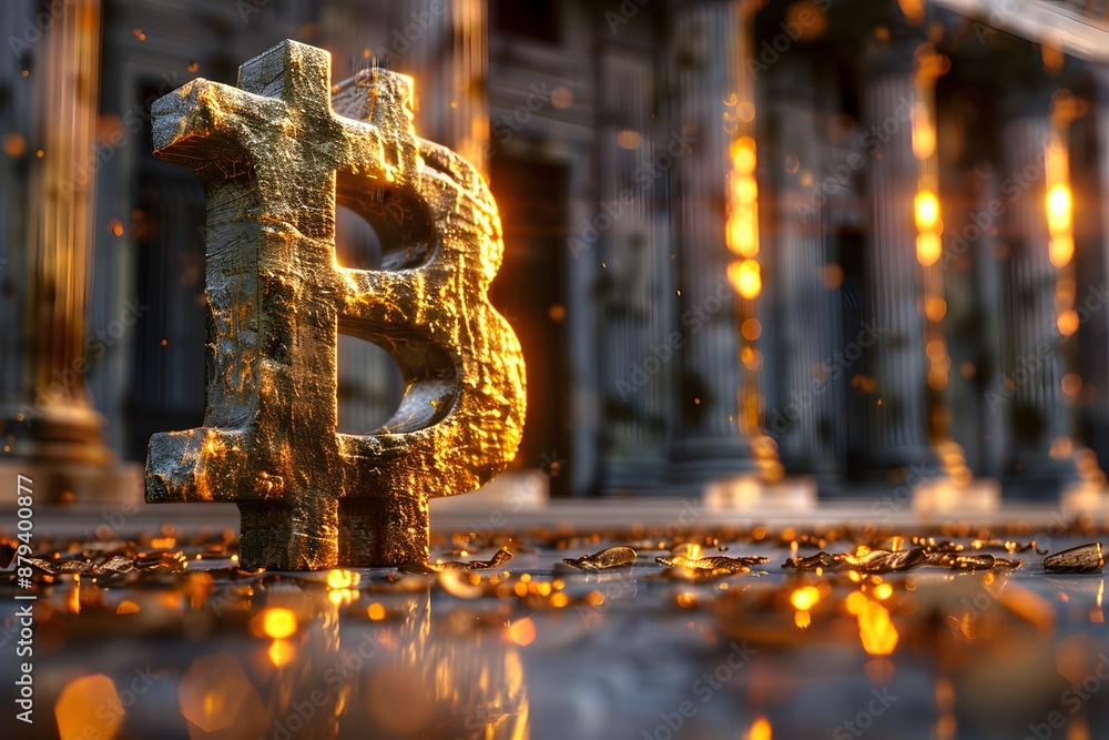 Poster golden bitcoin symbol amidst glowing coins in front of classical architecture