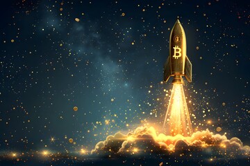Bitcoin Rocket Launching into Space Symbolizing Cryptocurrency Growth