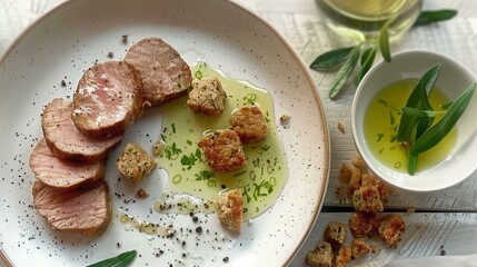 Gourmet pork medallions with herb croutons and olive oil dipping sauce on elegant white plate.