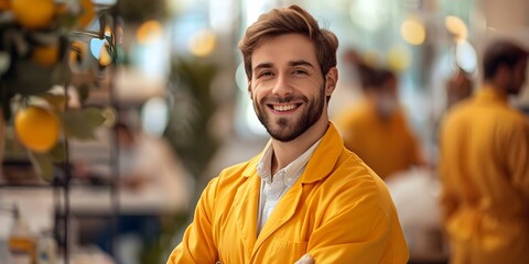 Professional Cleaning Team with Smiling Colleagues in the Background. Concept Cleaning Services, Teamwork, Professionalism, Workplace Smiles
