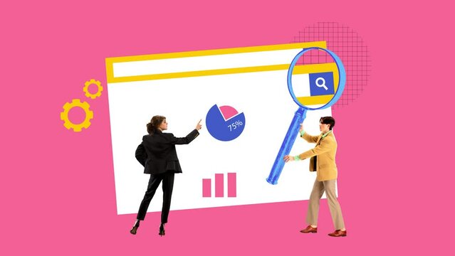 People with pie chart and magnifying glass working on social media analytics and developing promotional tools. Stop motion, animation. Concept of digital marketing, online services, business