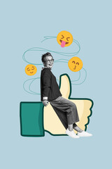 Obraz premium Vertical poster collage mature woman thumb up gesture feedback social media network blogger emoticon face reaction drawing background
