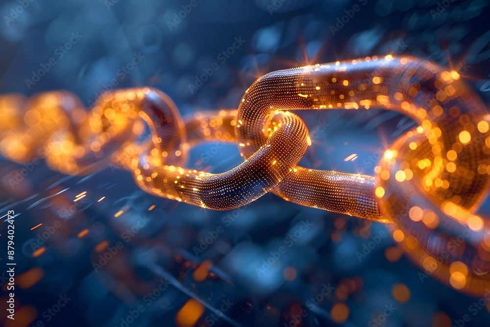 Poster glowing digital blockchain chain links in a futuristic network