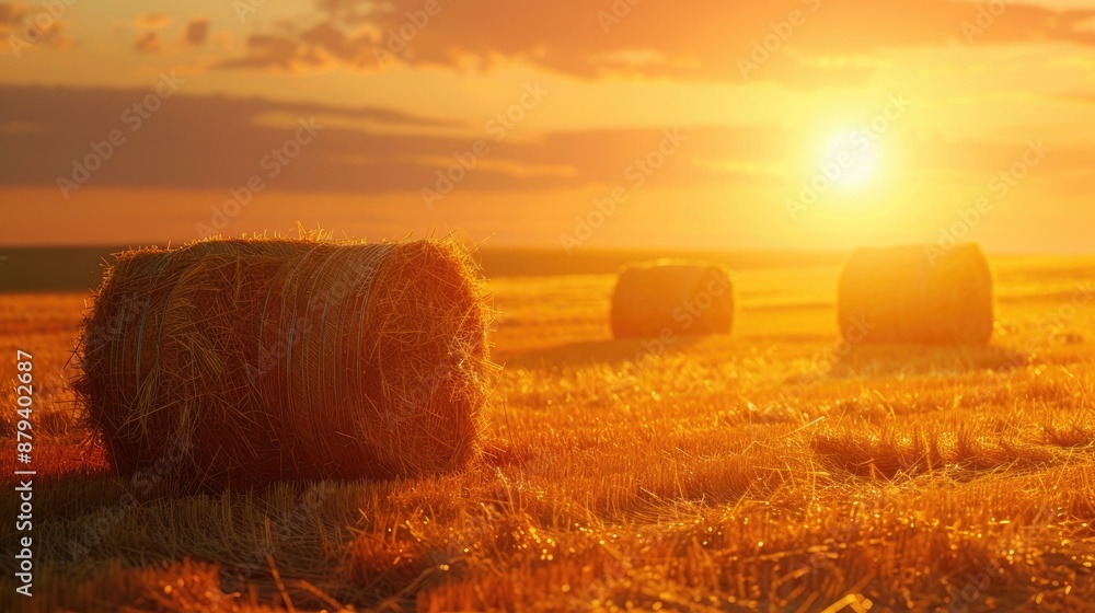 Poster rolling haystacks in sunset with space for text