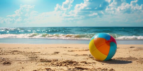 A colorful beach ball resting on a sandy shore with waves in the background, under a clear blue sky.