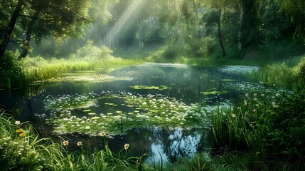 Fototapeta premium The spring buried in green grass and wild image