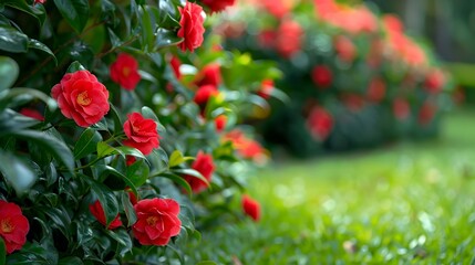 Camellia with bright red flowers decorating a garden
