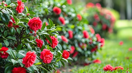 Camellia with bright red flowers decorating a garden img