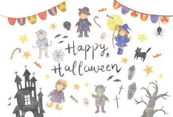 水彩タッチのハロウィーンのベクターイラストセット