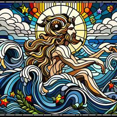 Obraz premium Cosmic Harmony: Stained Glass Artistry, Twelve Zodiacs Gleam in Separate Tile (Aquarius)