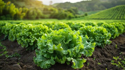 Lush Green Lettuce Rows Bask in Golden Sunlight on a Tranquil Farm. Generative AI