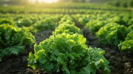 A Field Of Vibrant Green Lettuce In The Evening Sun. Generative AI