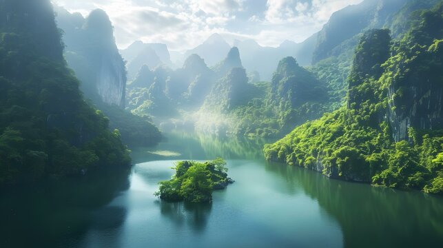 Shimmering water lagoons surrounded by lush green forests img