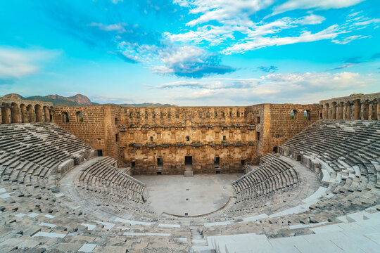 Aspendos, Antalya. Wide-angle panoramic view of the Roman Theater in Turkey, taken from the air with a drone.