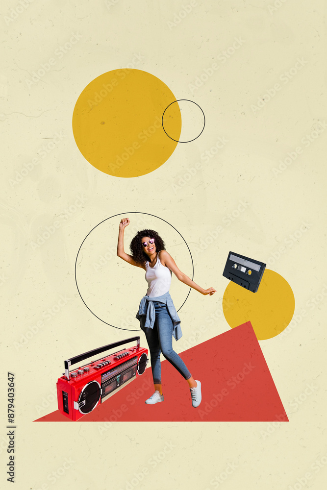 Poster Composite trend artwork image photo collage of carefree weekend club relax young woman funky dance moving boombox listen music cassette