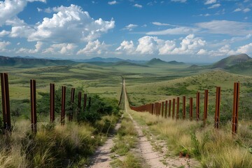 Fototapeta premium Scenic View of a Border Fence Stretching Across a Vast Landscape