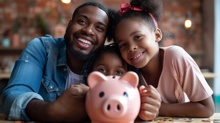 Happy African couple and kids sit at table with piggybank smile look at camera, close up focus on money box. Deposit, make financial investment, save money for future, for kid education concept