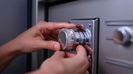 Woman locking a security safe box with a combination lock