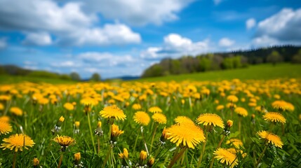 Fototapeta premium A meadow with bright yellow dandelions covering
