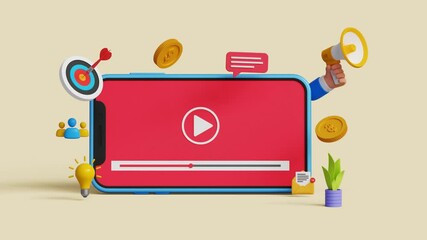 Video marketing or live streaming concept. Content promotion strategy on social media. Video playing on 3D smartphone screen. 4k 3d loop animation