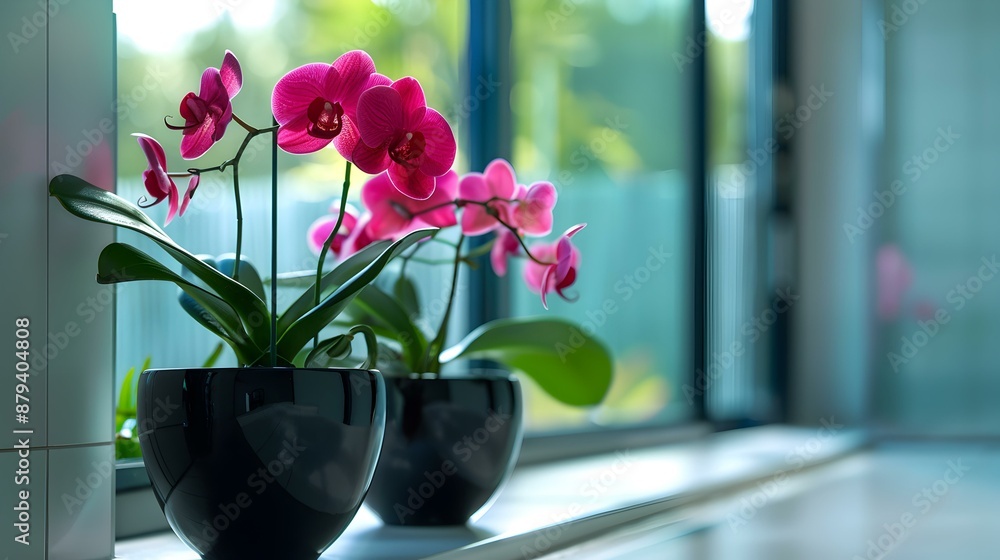 Wall mural minimalistic black flowerpots with bright orchids standing