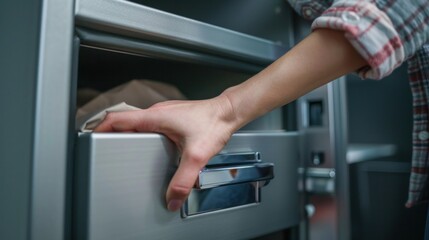 Woman placing valuable items inside a security safe box with minimalist background