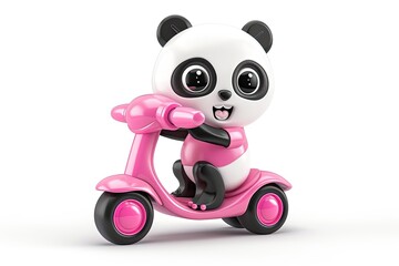 Cute and happy cartoon panda riding a pink scooter