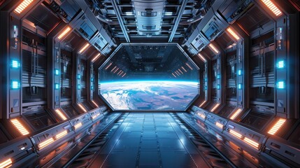 A space shuttle is shown with a view of the Earth from the inside