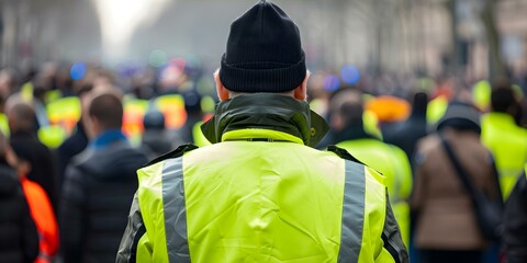Managing crowds at an outdoor event with a police officer in a high-visibility jacket. Concept Crowd Management, Outdoor Event, Police Officer, High-Visibility Jacket