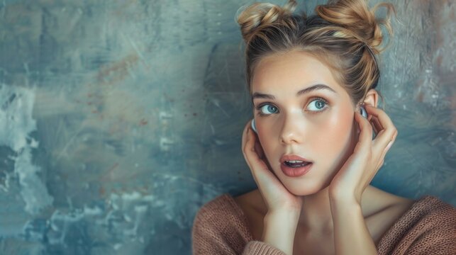 Listening. Cute Caucasian Businesswoman Listening Attentively with Hand on Ear