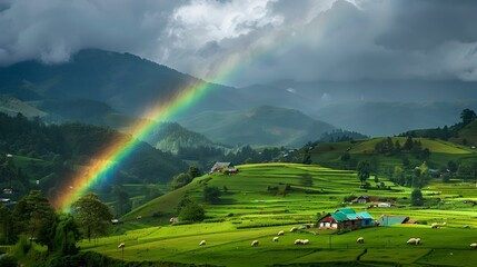 A rainbow stretches over the green hills illuminating picture